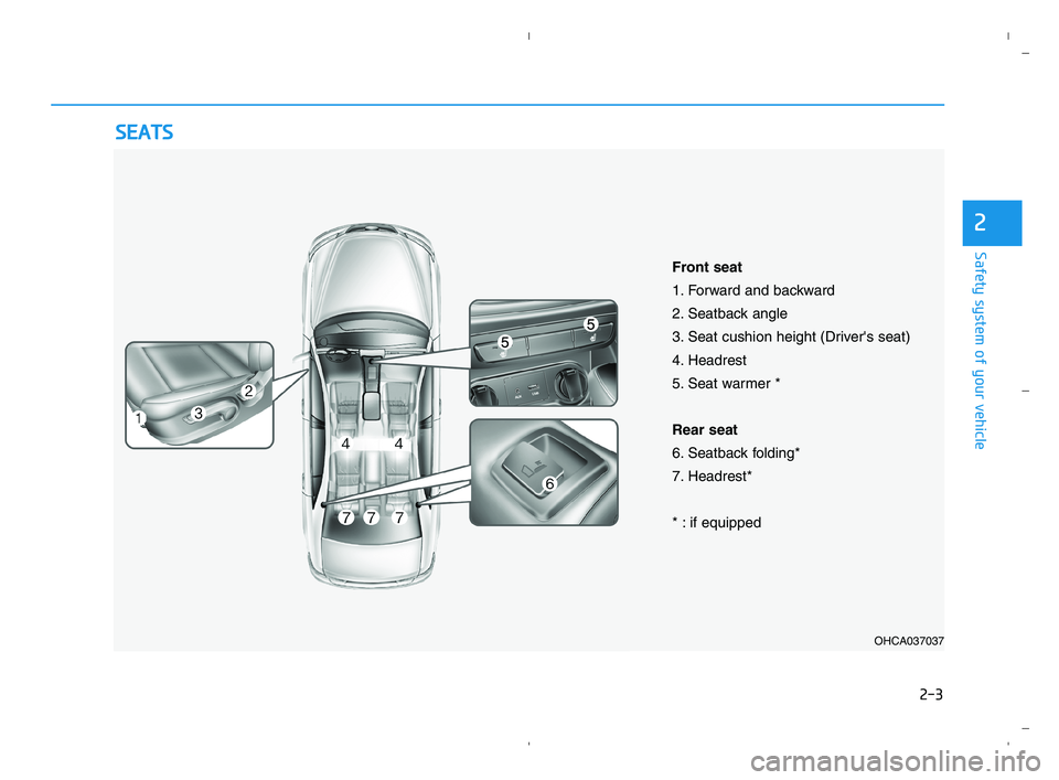 HYUNDAI ACCENT 2023 User Guide 2-3
Safety system of your vehicle
2
S SE
EA
AT
TS
S
OHCA037037
Front seat
1. Forward and backward
2. Seatback angle
3. Seat cushion height (Drivers seat)
4. Headrest
5. Seat warmer *
Rear seat
6. Sea HYUNDAI ACCENT 2023 User Guide 2-3
Safety system of your vehicle
2
S SE
EA
AT
TS
S
OHCA037037
Front seat
1. Forward and backward
2. Seatback angle
3. Seat cushion height (Drivers seat)
4. Headrest
5. Seat warmer *
Rear seat
6. Sea