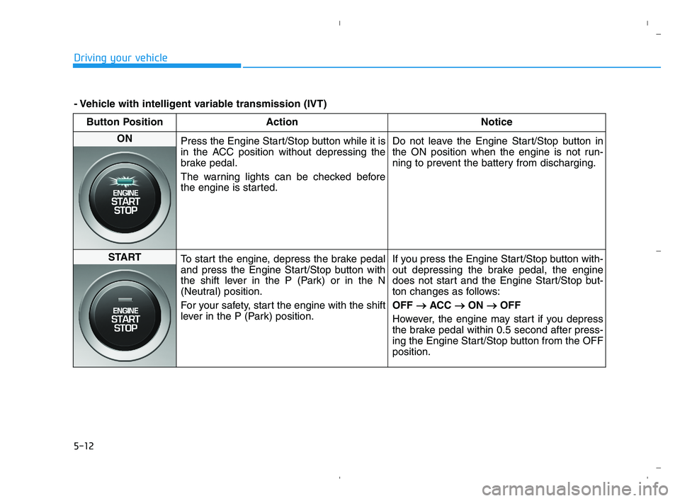 HYUNDAI ACCENT 2023 User Guide 5-12
Driving your vehicle
Button Position Action Notice
ON 
Press the Engine Start/Stop button while it is
in the ACC position without depressing the
brake pedal.
The warning lights can be checked bef