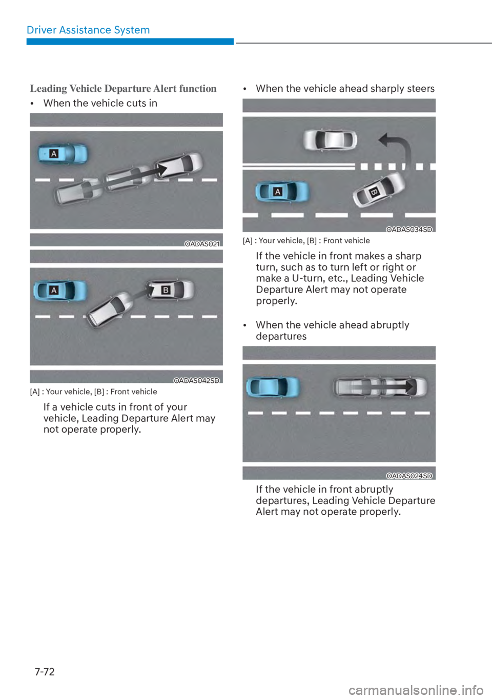 HYUNDAI ELANTRA 2023  Owners Manual Driver Assistance System7-72
Leading Vehicle Departure Alert function
[� When the v
 ehicle cuts in
OADAS021
OADAS042SD[A] : Your vehicle, [B] : Front vehicle
If a vehicle cuts in front of your 
veh