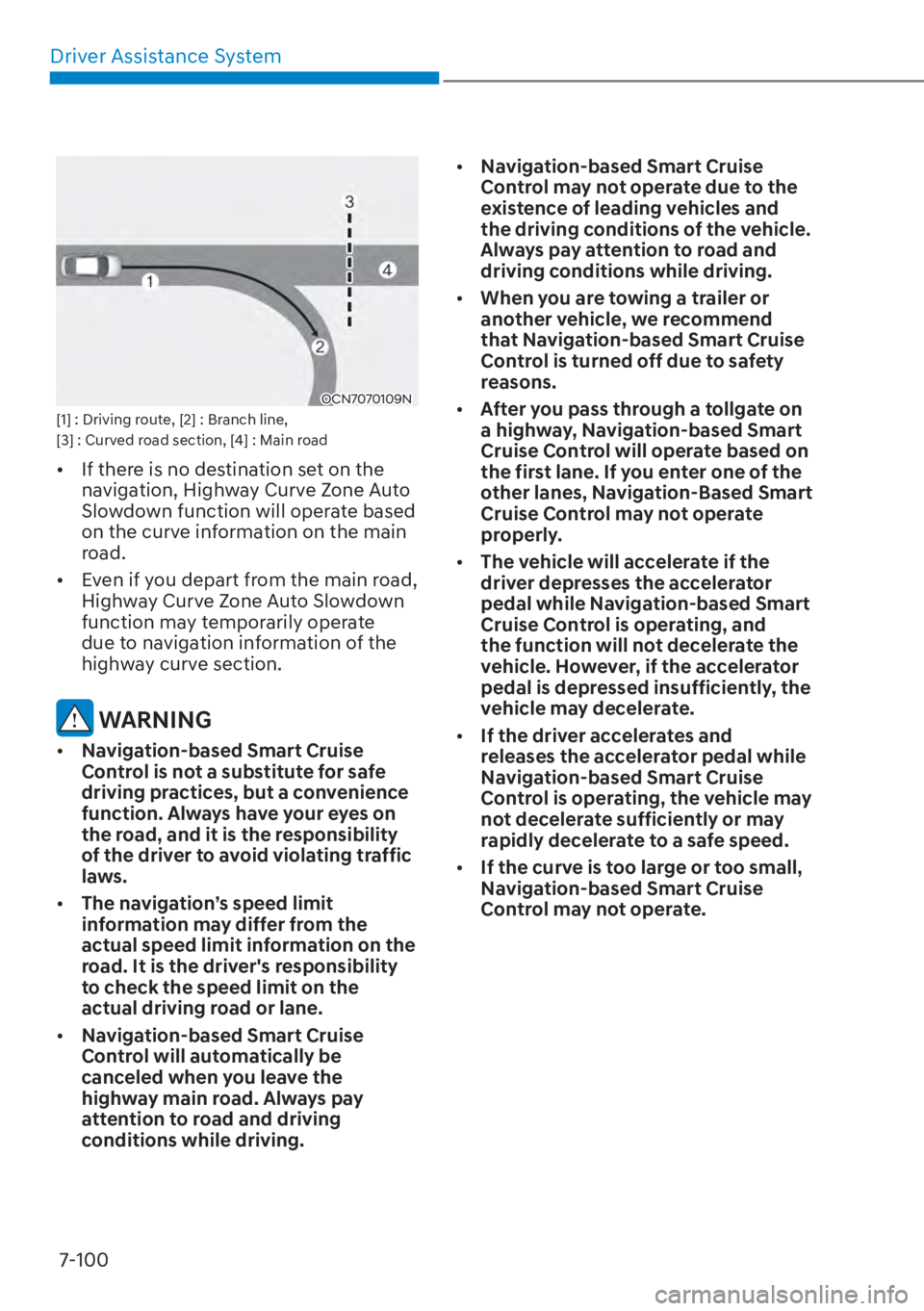 HYUNDAI ELANTRA 2023  Owners Manual Driver Assistance System7-100
OCN7070109N[1] : Driving route, [2] : Branch line, 
[3] : Curved road section, [4] : Main road
[� If there is no destination set on the 
navigation, Highway Curve Zone 