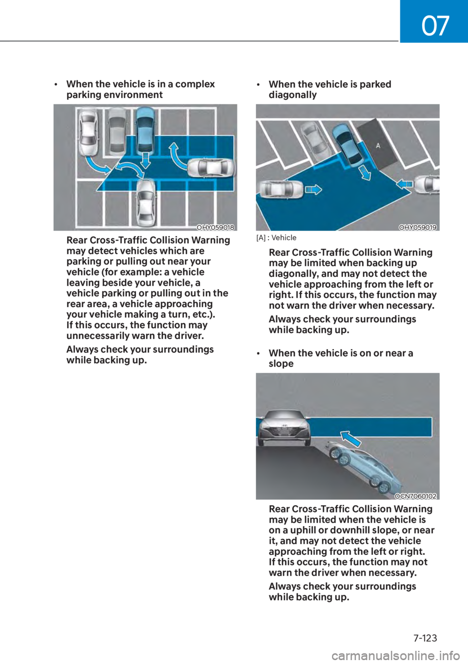 HYUNDAI ELANTRA 2023  Owners Manual 07
7-123
[�When the vehicle is in a complex 
parking environment
OHY059018
Rear Cross-Traffic Collision Warning 
may detect vehicles which are 
parking or pulling out near your 
vehicle (for example
