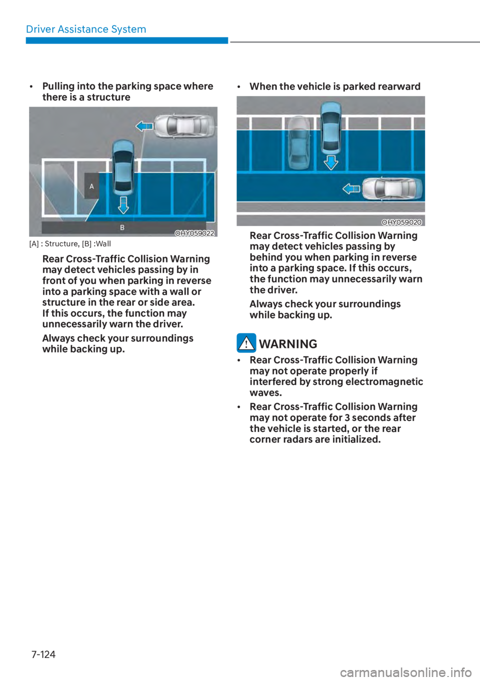 HYUNDAI ELANTRA 2023  Owners Manual Driver Assistance System7-124
[� Pulling into the parking space where 
there is a structure 
OHY059022[A] : Structure, [B] :Wall
Rear Cross-Traffic Collision Warning 
may detect vehicles passing by 