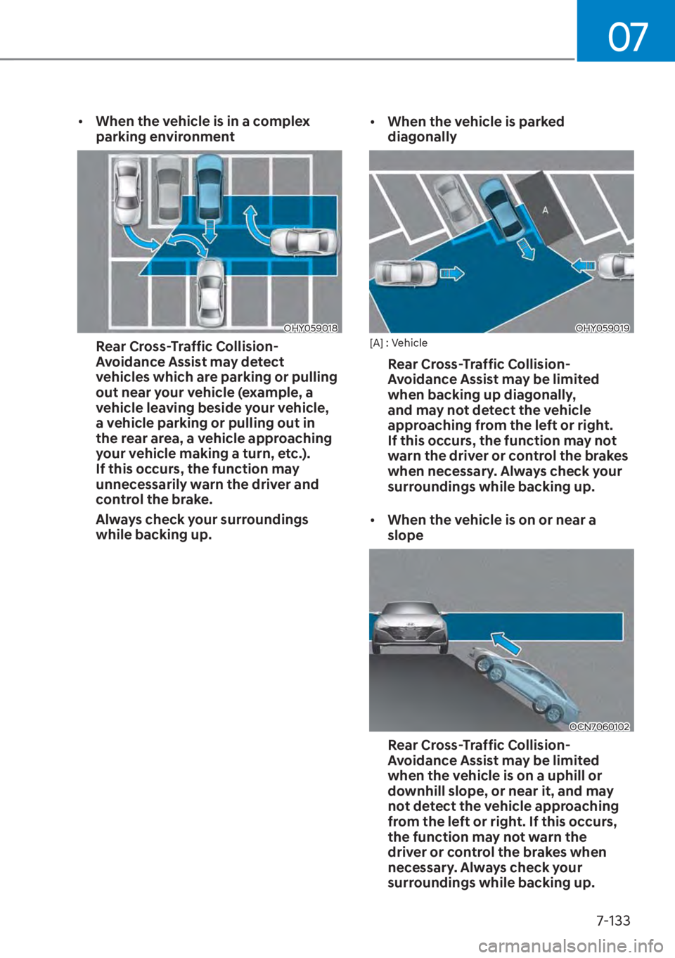 HYUNDAI ELANTRA 2023  Owners Manual 07
7-133
[�When the vehicle is in a complex 
parking environment
OHY059018
Rear Cross-Traffic Collision-
Avoidance Assist may detect 
vehicles which are parking or pulling 
out near your vehicle (ex