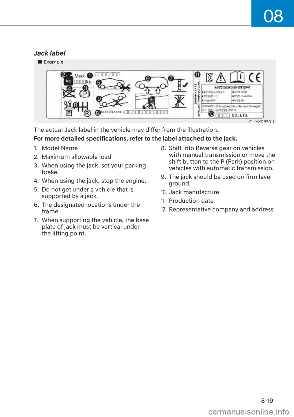 HYUNDAI ELANTRA 2023  Owners Manual 08
8-19
Jack label
��„Example
OHYK065011
The actual Jack label in the vehicle may differ from the illustration.
For more detailed specifications, refer to the label attached to the jack.
1. Model N