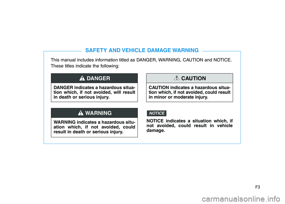 HYUNDAI ELANTRA SPORT 2018  Owners Manual F3
This manual includes information titled as DANGER, WARNING, CAUTION and NOTICE. 
These titles indicate the following:
SAFETY AND VEHICLE DAMAGE WARNING
DANGER indicates a hazardous situa- 
tion whi