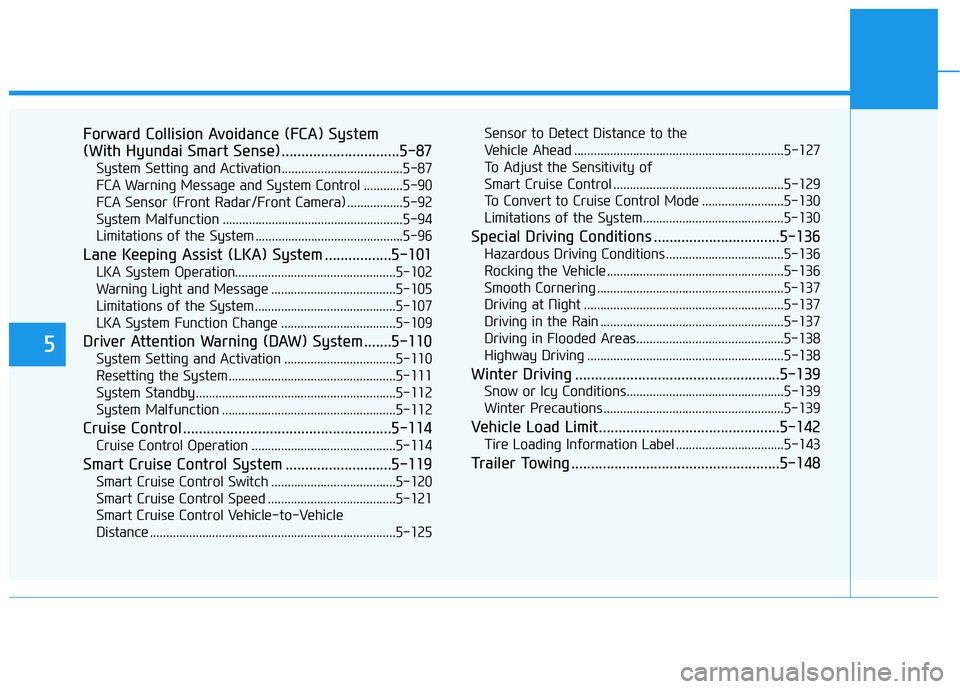 HYUNDAI ELANTRA SPORT 2018  Owners Manual 5
Forward Collision Avoidance (FCA) System  
(With Hyundai Smart Sense)..............................5-87System Setting and Activation.....................................5-87
FCA Warning Message and 