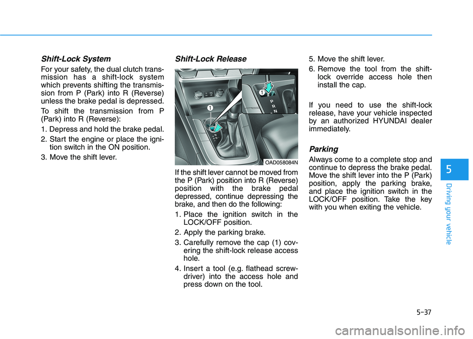 HYUNDAI ELANTRA SPORT 2018 Owners Manual 5-37
Driving your vehicle
5
Shift-Lock System
For your safety, the dual clutch trans-
mission has a shift-lock system
which prevents shifting the transmis-
sion from P (Park) into R (Reverse)
unless HYUNDAI ELANTRA SPORT 2018 Owners Manual 5-37
Driving your vehicle
5
Shift-Lock System
For your safety, the dual clutch trans-
mission has a shift-lock system
which prevents shifting the transmis-
sion from P (Park) into R (Reverse)
unless