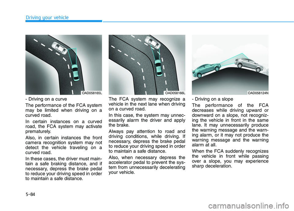 HYUNDAI ELANTRA SPORT 2018 Owners Manual 5-84
Driving your vehicle
- Driving on a curve
The performance of the FCA system
may be limited when driving on a
curved road.
In certain instances on a curved
road, the FCA system may activate
pr HYUNDAI ELANTRA SPORT 2018 Owners Manual 5-84
Driving your vehicle
- Driving on a curve
The performance of the FCA system
may be limited when driving on a
curved road.
In certain instances on a curved
road, the FCA system may activate
pr
