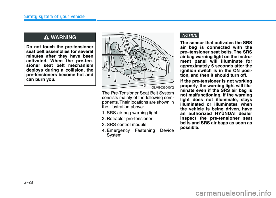 HYUNDAI ELANTRA SPORT 2018 Service Manual 2-28
Safety system of your vehicle
The Pre-Tensioner Seat Belt System 
consists mainly of the following com-
ponents. Their locations are shown in
the illustration above: 
1. SRS air bag warning light