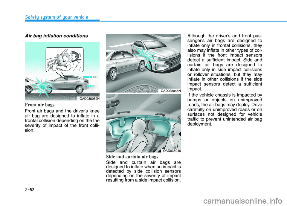 HYUNDAI ELANTRA SPORT 2018 Manual PDF 2-62
Safety system of your vehicle
Air bag inflation conditions 
Front air bags 
Front air bags and the drivers knee air bag are designed to inflate in afrontal collision depending on the the
severit