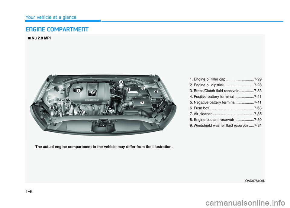 HYUNDAI ELANTRA LIMITED 2017 Owners Manual 1-6
Your vehicle at a glance
E
EN
N G
GI
IN
N E
E 
 C
C O
O M
M P
PA
A R
RT
TM
M E
EN
N T
T
1. Engine oil filler cap ...........................7-29
2. Engine oil dipstick ............................