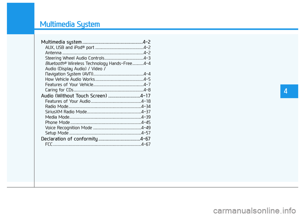 HYUNDAI ELANTRA LIMITED 2017  Owners Manual Multimedia System
Multimedia system .................................................4-2
AUX, USB and iPod®port ...............................................4-2
Antenna ............................