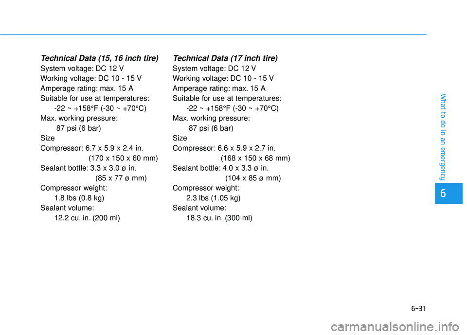 HYUNDAI ELANTRA LIMITED 2017  Owners Manual 6-31
What to do in an emergency
6
Technical Data (15, 16 inch tire)
System voltage: DC 12 V
Working voltage: DC 10 - 15 V
Amperage rating: max. 15 A
Suitable for use at temperatures:-22 ~ +158°F (-30