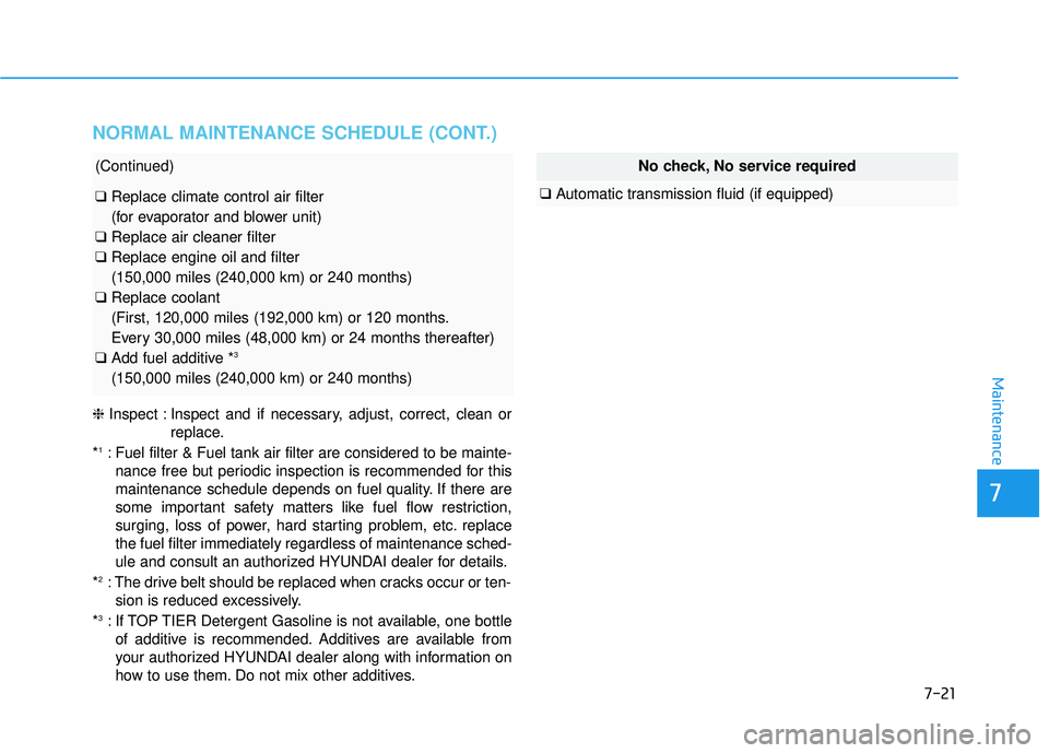 HYUNDAI ELANTRA LIMITED 2017  Owners Manual 7-21
7
Maintenance
NORMAL MAINTENANCE SCHEDULE (CONT.)
(Continued)
❑Replace climate control air filter 
(for evaporator and blower unit)
❑ Replace air cleaner filter
❑ Replace engine oil and fil