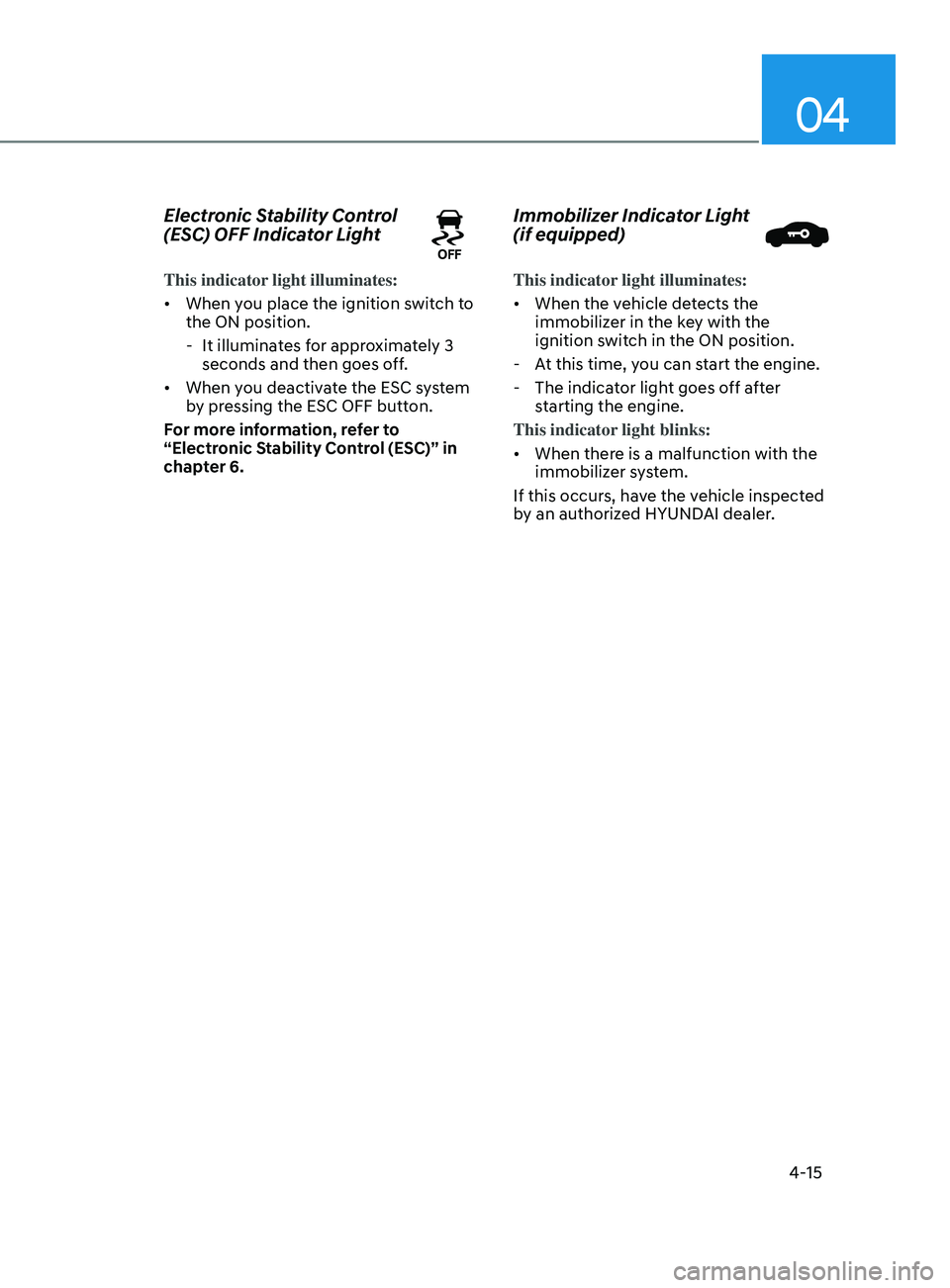 HYUNDAI ELANTRA SEL 2021  Owners Manual 04
4-15
Electronic Stability Control 
(ESC) OFF Indicator Light
This indicator light illuminates:
•	When you place the ignition switch to 
the ON position.
 - It illuminat

es for approximately 3 
s