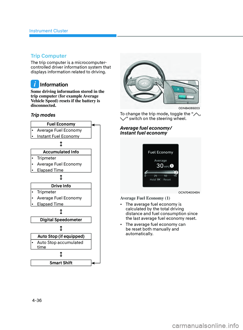 HYUNDAI ELANTRA SEL 2021 Owners Manual Instrument Cluster
4-36
Trip Computer
The trip computer is a microcomputer-
controlled driver information system that
displays information related to driving.
Information
Some driving information st HYUNDAI ELANTRA SEL 2021 Owners Manual Instrument Cluster
4-36
Trip Computer
The trip computer is a microcomputer-
controlled driver information system that
displays information related to driving.
Information
Some driving information st