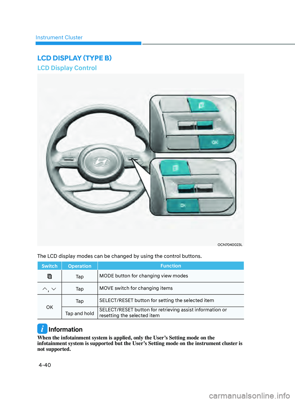 HYUNDAI ELANTRA SEL 2021 Owners Manual 4-40
Instrument Cluster
LCD Display Control
OCN7040023L
The LCD display modes can be changed by using the control buttons.
Switch OperationFunction
Ta pMODE button for changing view modes
, Ta pMOVE s HYUNDAI ELANTRA SEL 2021 Owners Manual 4-40
Instrument Cluster
LCD Display Control
OCN7040023L
The LCD display modes can be changed by using the control buttons.
Switch OperationFunction
Ta pMODE button for changing view modes
, Ta pMOVE s