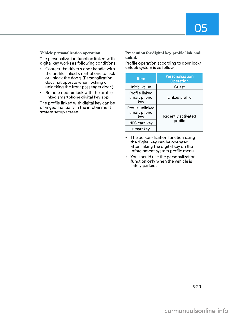 HYUNDAI ELANTRA SEL 2021 Owners Manual 05
5-29
Vehicle personalization operation
The personalization function linked with
digital key works as following conditions:
• Contact the driver’s door handle with
the profile linked smart pho HYUNDAI ELANTRA SEL 2021 Owners Manual 05
5-29
Vehicle personalization operation
The personalization function linked with
digital key works as following conditions:
• Contact the driver’s door handle with
the profile linked smart pho