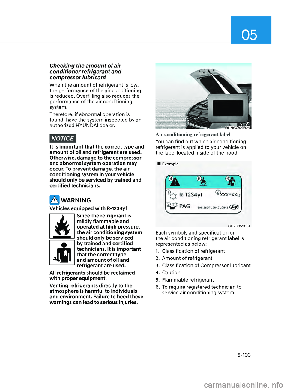 HYUNDAI ELANTRA SEL 2021  Owners Manual 05
5-103
Checking the amount of air 
conditioner refrigerant and 
compressor lubricant
When the amount of refrigerant is low, 
the performance of the air conditioning 
is reduced. Overfilling also red