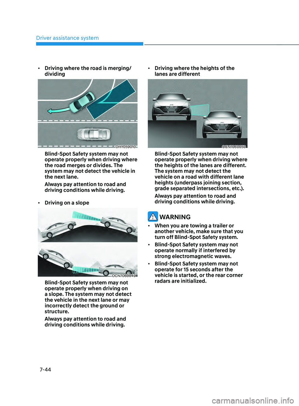 HYUNDAI ELANTRA SEL 2021 Owners Manual Driver assistance system
7-44
• Driving where the road is merging/
dividing
OHY059010
Blind-Spot Safety system may not
operate properly when driving where
the road merges or divides. The
system m HYUNDAI ELANTRA SEL 2021 Owners Manual Driver assistance system
7-44
• Driving where the road is merging/
dividing
OHY059010
Blind-Spot Safety system may not
operate properly when driving where
the road merges or divides. The
system m