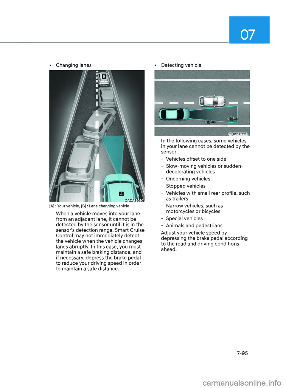 HYUNDAI ELANTRA SEL 2021  Owners Manual 07
7-95
•	Changing lanes
OADAS030 [A] : Your vehicle, [B] : Lane changing vehicle
When a vehicle moves into your lane 
from an adjacent lane, it cannot be 
detected by the sensor until it is in the 