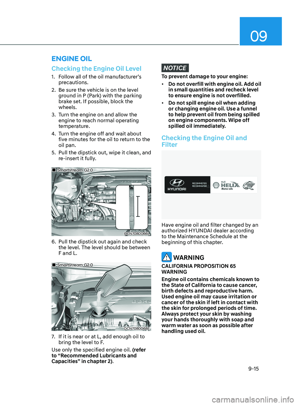 HYUNDAI ELANTRA SEL 2021 Owners Manual 09
9-15
Checking the Engine Oil Level
1. Follow all of the oil manufacturer’s
precautions.
2.
Be sure the v
ehicle is on the level
ground in P (Park) with the parking
brake set. If possible, bl HYUNDAI ELANTRA SEL 2021 Owners Manual 09
9-15
Checking the Engine Oil Level
1. Follow all of the oil manufacturer’s
precautions.
2.
Be sure the v
ehicle is on the level
ground in P (Park) with the parking
brake set. If possible, bl