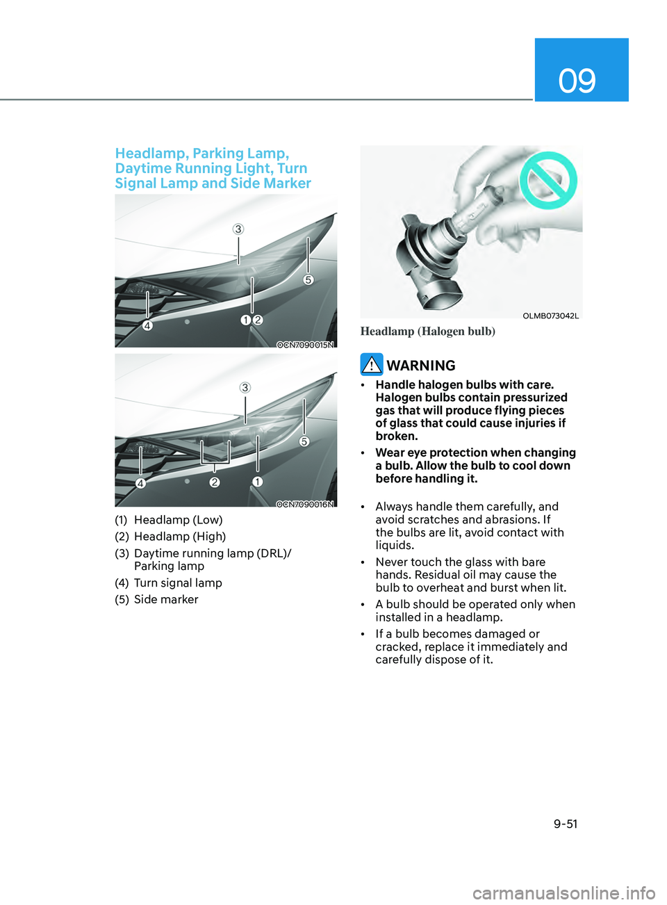 HYUNDAI ELANTRA SEL 2021  Owners Manual 09
9-51
Headlamp, Parking Lamp, 
Daytime Running Light, Turn 
Signal Lamp and Side Marker
OCN7090015N
OCN7090016N
(1) Headlamp (Low)
(2)
 Headlamp (High
 )
(3)
 Daytime running lamp (DRL

)/ 
Parking 