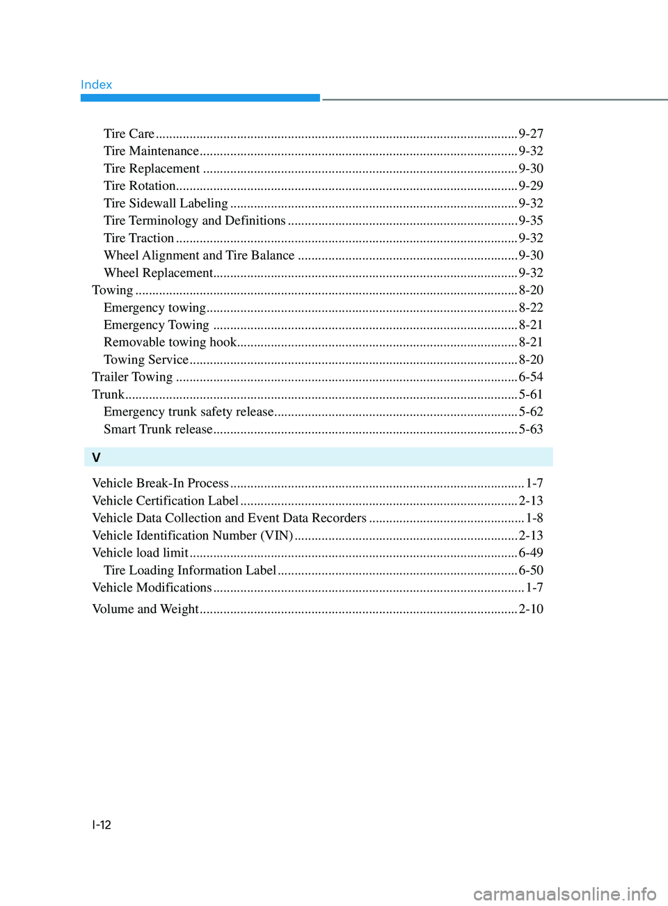 HYUNDAI ELANTRA SEL 2021  Owners Manual Index
I-12
 Tire Care ........................................................................\
...................................9-27
 Tire Maintenance ..............................................