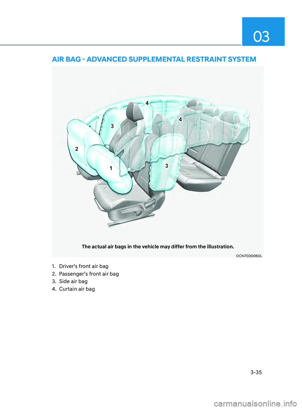 HYUNDAI ELANTRA SEL 2021 Repair Manual 3-35
03
aiR Bag - advanCed supplemental RestRaint system
The actual air bags in the vehicle may differ from the illustration.
OCN7030060L
1. Driver’s front air bag
2.
Passenger’
s front air bag
HYUNDAI ELANTRA SEL 2021 Repair Manual 3-35
03
aiR Bag - advanCed supplemental RestRaint system
The actual air bags in the vehicle may differ from the illustration.
OCN7030060L
1. Driver’s front air bag
2.
Passenger’
s front air bag