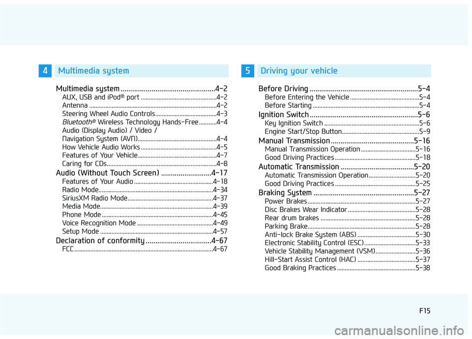HYUNDAI ELANTRA SE 2017 User Guide F15F15
Multimedia system .................................................4-2
AUX, USB and iPod®port ...............................................4-2
Antenna ....................................... HYUNDAI ELANTRA SE 2017 User Guide F15F15
Multimedia system .................................................4-2
AUX, USB and iPod®port ...............................................4-2
Antenna .......................................