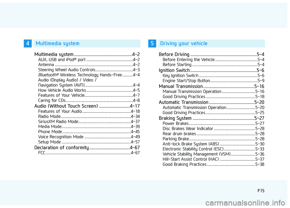 HYUNDAI ELANTRA SE 2017  Owners Manual F15F15
Multimedia system .................................................4-2
AUX, USB and iPod®port ...............................................4-2
Antenna .......................................