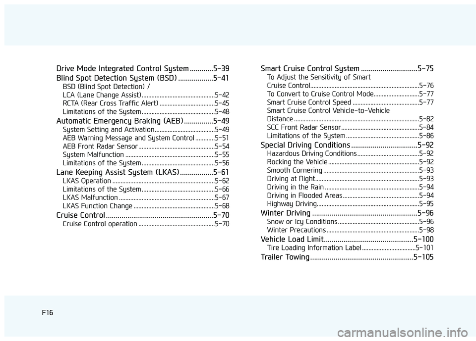 HYUNDAI ELANTRA SE 2017 User Guide F16F16
Drive Mode Integrated Control System ............5-39
Blind Spot Detection System (BSD) ..................5-41
BSD (Blind Spot Detection) / 
LCA (Lane Change Assist) ...........................