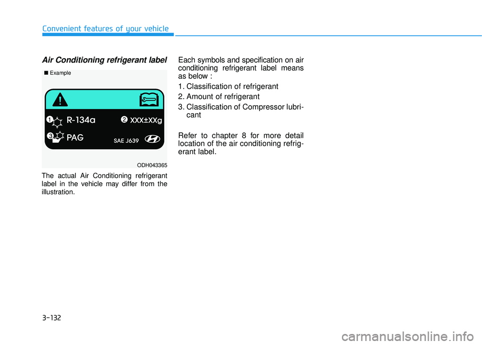 HYUNDAI ELANTRA SE 2017  Owners Manual 3-132
Convenient features of your vehicle
Air Conditioning refrigerant label
The actual Air Conditioning refrigerant
label in the vehicle may differ from the
illustration.
Each symbols and specificati