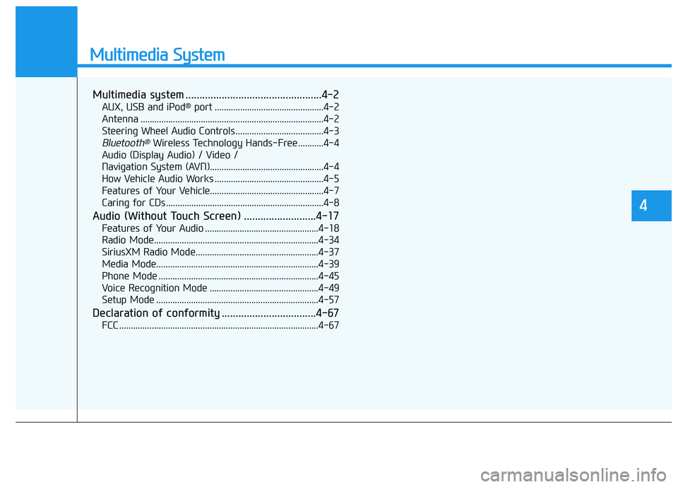 HYUNDAI ELANTRA SE 2017  Owners Manual Multimedia System
Multimedia system .................................................4-2
AUX, USB and iPod®port ...............................................4-2
Antenna ............................