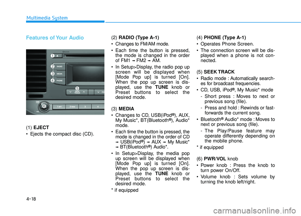 HYUNDAI ELANTRA SE 2017 Owners Manual 4-18
Multimedia System
Features of Your Audio
(1) EJECT
Ejects the compact disc (CD). (2)
RADIO (Type A-1)
Changes to FM/AM mode.
Each time the button is pressed, the mode is changed in the order
HYUNDAI ELANTRA SE 2017 Owners Manual 4-18
Multimedia System
Features of Your Audio
(1) EJECT
Ejects the compact disc (CD). (2)
RADIO (Type A-1)
Changes to FM/AM mode.
Each time the button is pressed, the mode is changed in the order
