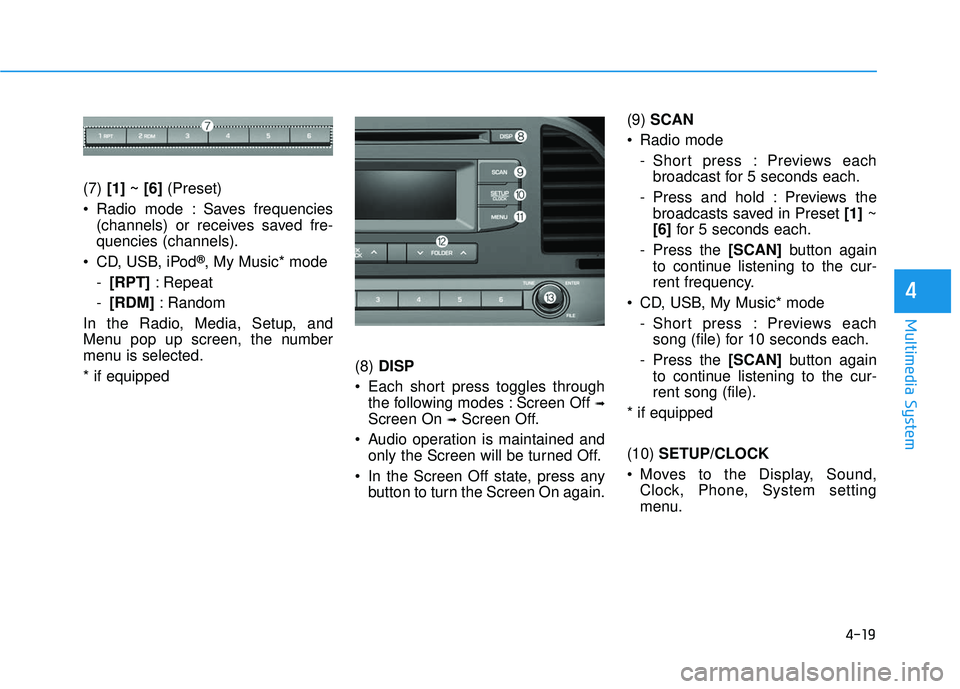 HYUNDAI ELANTRA SE 2017  Owners Manual 4-19
Multimedia System
4
(7) [1] ~ [6] (Preset)
 Radio mode : Saves frequencies (channels) or receives saved fre-
quencies (channels).
 CD, USB, iPod
®, My Music* mode
- [RPT] : Repeat
- [RDM] : Rand