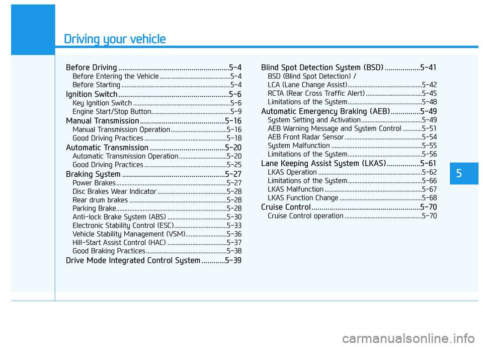 HYUNDAI ELANTRA SE 2017  Owners Manual Driving your vehicle
5
Before Driving ........................................................5-4
Before Entering the Vehicle ...........................................5-4
Before Starting ...........