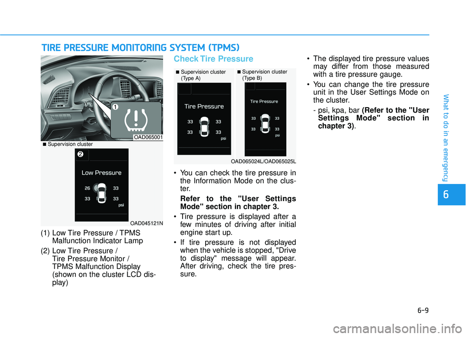 HYUNDAI ELANTRA SE 2017  Owners Manual 6-9
What to do in an emergency
6
T
TI
IR
R E
E 
 P
P R
R E
ES
SS
SU
U R
RE
E 
 M
M O
ON
NI
IT
T O
O R
RI
IN
N G
G 
 S
S Y
Y S
ST
T E
EM
M  
 (
( T
T P
P M
M S
S)
)
(1) Low Tire Pressure / TPMS
Malfunc