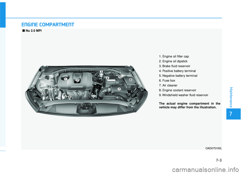 HYUNDAI ELANTRA SE 2017 Owners Manual 7-3
7
Maintenance
E
EN
N G
GI
IN
N E
E
C
C O
O M
M P
PA
A R
RT
TM
M E
EN
N T
T
1. Engine oil filler cap
2. Engine oil dipstick
3. Brake fluid reservoir
4. Positive battery terminal
5. Negative ba HYUNDAI ELANTRA SE 2017 Owners Manual 7-3
7
Maintenance
E
EN
N G
GI
IN
N E
E
C
C O
O M
M P
PA
A R
RT
TM
M E
EN
N T
T
1. Engine oil filler cap
2. Engine oil dipstick
3. Brake fluid reservoir
4. Positive battery terminal
5. Negative ba