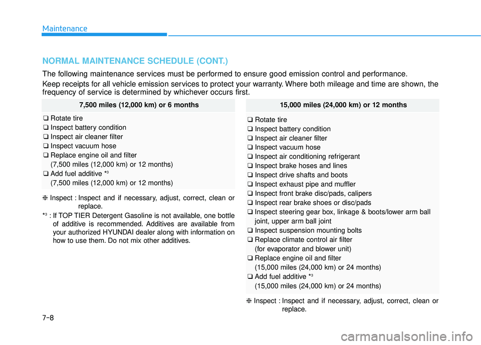 HYUNDAI ELANTRA SE 2017  Owners Manual 7-8
Maintenance
❈Inspect : Inspect and if necessary, adjust, correct, clean or
replace.
*
3: If TOP TIER Detergent Gasoline is not available, one bottle of additive is recommended. Additives are ava