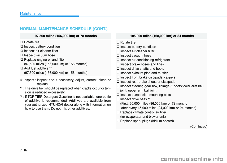 HYUNDAI ELANTRA SE 2017  Owners Manual 7-16
Maintenance
NORMAL MAINTENANCE SCHEDULE (CONT.)
❈Inspect : Inspect and if necessary, adjust, correct, clean or
replace.
*
2: The drive belt should be replaced when cracks occur or ten- sion is 