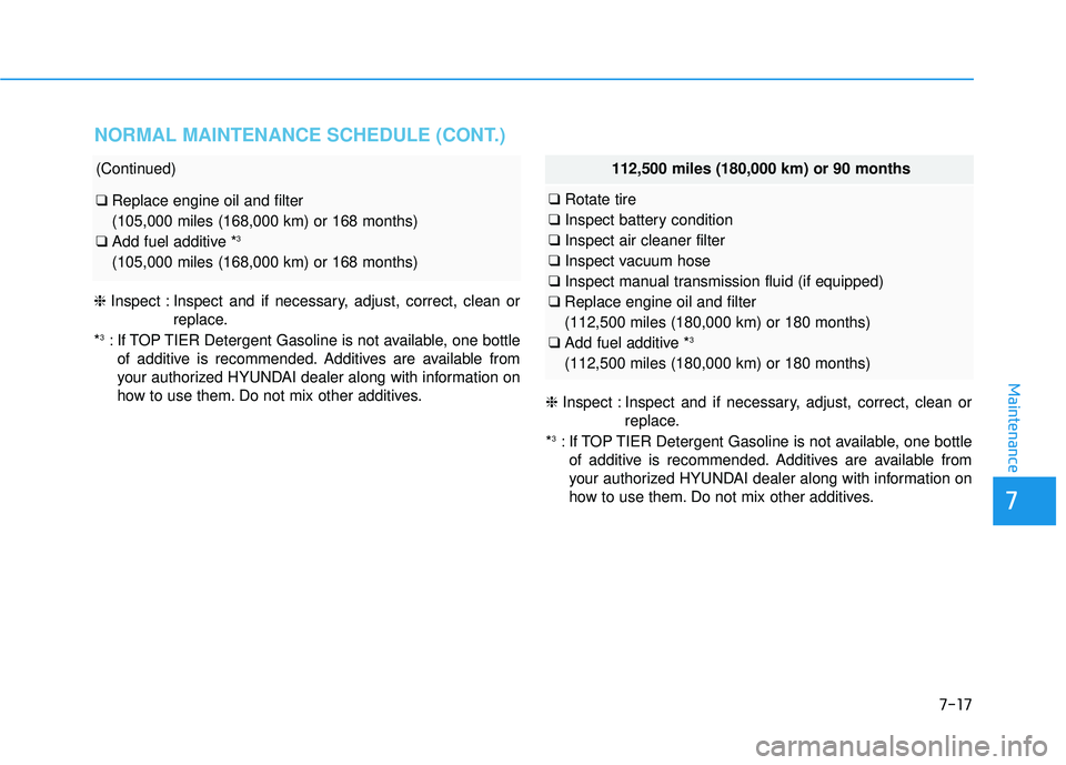 HYUNDAI ELANTRA SE 2017  Owners Manual 7-17
7
Maintenance
NORMAL MAINTENANCE SCHEDULE (CONT.)
(Continued)
❑Replace engine oil and filter
(105,000 miles (168,000 km) or 168 months)
❑ Add fuel additive *
3 
(105,000 miles (168,000 km) or