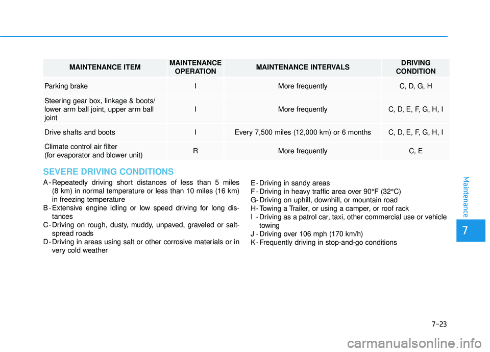 HYUNDAI ELANTRA SE 2017  Owners Manual 7-23
7
MaintenanceSEVERE DRIVING CONDITIONS
A - Repeatedly driving short distances of less than 5 miles (8 km) in normal temperature or less than 10 miles (16 km)
in freezing temperature
B - Extensive