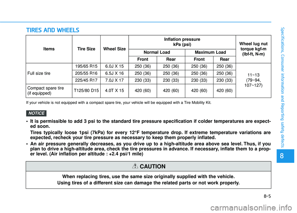 HYUNDAI ELANTRA SE 2017  Owners Manual T
TI
IR
R E
ES
S 
 A
A N
N D
D 
 W
W H
HE
EE
EL
LS
S
8-5
88
Specifications, Consumer information and Reporting safety defects
When replacing tires, use the same size originally supplied with the vehic