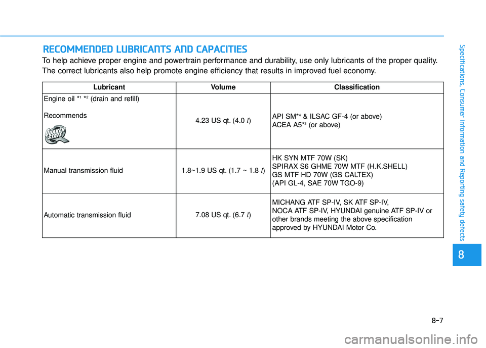 HYUNDAI ELANTRA SE 2017  Owners Manual 8-7
88
Specifications, Consumer information and Reporting safety defects
To help achieve proper engine and powertrain performance and durability, use only lubricants of the proper quality.
The correct