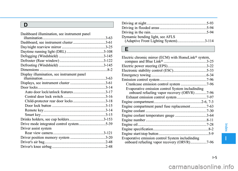 HYUNDAI ELANTRA SE 2017  Owners Manual I-5
Dashboard illumination, see instrument panel illumination..................................................................3-63
Dashboard, see instrument cluster ..................................