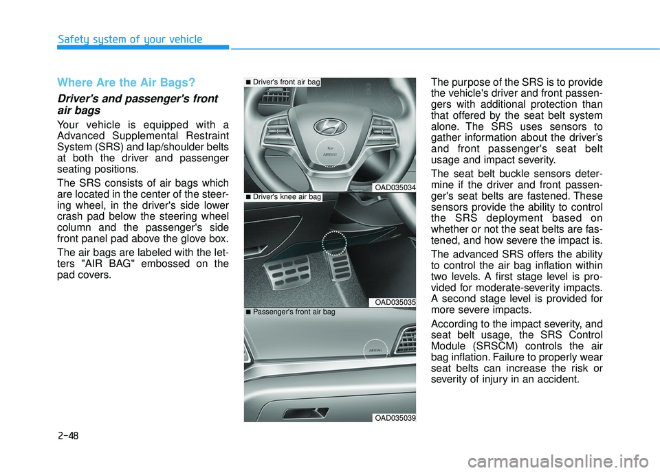 HYUNDAI ELANTRA SE 2017 Manual PDF 2-48
Safety system of your vehicle
Where Are the Air Bags? 
Drivers and passengers frontair bags 
Your vehicle is equipped with a
Advanced Supplemental Restraint
System (SRS) and lap/shoulder belts
