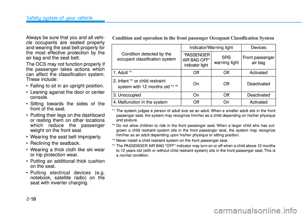 HYUNDAI ELANTRA SE 2017  Owners Manual 2-58
Safety system of your vehicle
Always be sure that you and all vehi-
cle occupants are seated properly
and wearing the seat belt properly for
the most effective protection by the
air bag and the s
