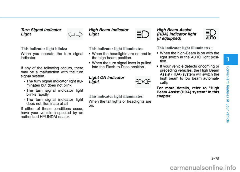 HYUNDAI ELANTRA SPORT 2019  Owners Manual 3-73
Convenient features of your vehicle
3
Turn Signal IndicatorLight
This indicator light blinks:
When you operate the turn signal 
indicator. 
If any of the following occurs, there 
may be a malfunc