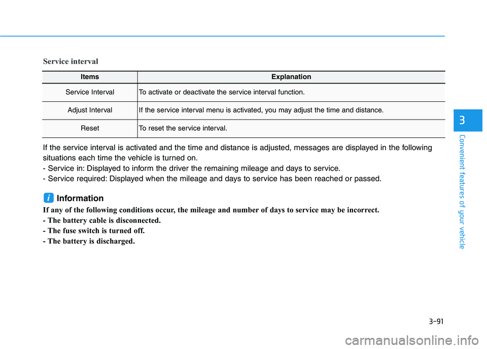 HYUNDAI ELANTRA SPORT 2019  Owners Manual 3-91
Convenient features of your vehicle
3
ItemsExplanation
Service IntervalTo activate or deactivate the service interval function.
Adjust IntervalIf the service interval menu is activated, you may a